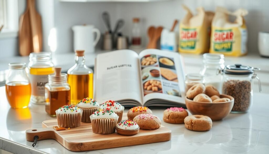 A beautifully arranged kitchen countertop featuring a variety of healthy sugar substitutes for baking, such as honey, agave syrup, coconut sugar, and stevia in elegant glass jars and bowls. In the foreground, a wooden cutting board displays freshly baked goods like cupcakes and cookies sprinkled with colorful toppings that indicate sweetness. In the middle, a well-organized cookbook showing sugar substitute recipes is opened, invitingly laid out. The background features soft-focus kitchen elements like a whisk and flour bags, creating a warm and inviting atmosphere. The lighting is bright and natural, streaming in from a nearby window, highlighting the colors of the ingredients and creating a cheerful mood.