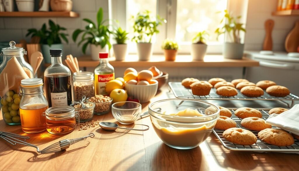 A bright, inviting kitchen scene featuring a beautiful display of healthy baking ingredients, including various natural sweeteners like honey, agave syrup, and stevia, along with whole grains and fresh fruits. In the foreground, a wooden counter is adorned with baking tools like a whisk, measuring cups, and a bowl filled with a smooth batter. The middle ground showcases a freshly baked dessert, such as muffins or cookies, arranged on a cooling rack. The background includes a sunny window with green plants for a lively atmosphere. Soft, warm lighting floods the space, casting gentle shadows and enhancing the cheerful mood of healthy baking. The composition is shot at eye level, creating a homely and inviting environment perfect for home bakers.
