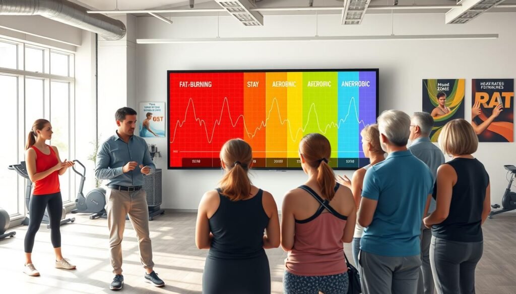 A detailed illustration of a heart rate training zone calculation concept. In the foreground, a professional trainer in modest casual clothing is explaining target heart rates to a diverse group of middle-aged adults, all dressed in active wear, engaged and taking notes. In the middle ground, a large digital display shows heart rate zones in vibrant colors, with clear indicators for fat-burning, aerobic, and anaerobic zones. The background features a modern fitness studio with motivational posters and exercise equipment subtly in view. Soft, natural lighting streams through large windows, creating an inviting atmosphere. The composition should convey a sense of empowerment and focus on health and fitness, emphasizing clarity in understanding heart rate training. A detailed illustration of a heart rate training zone calculation concept. In the foreground, a professional trainer in modest casual clothing is explaining target heart rates to a diverse group of middle-aged adults, all dressed in active wear, engaged and taking notes. In the middle ground, a large digital display shows heart rate zones in vibrant colors, with clear indicators for fat-burning, aerobic, and anaerobic zones. The background features a modern fitness studio with motivational posters and exercise equipment subtly in view. Soft, natural lighting streams through large windows, creating an inviting atmosphere. The composition should convey a sense of empowerment and focus on health and fitness, emphasizing clarity in understanding heart rate training.