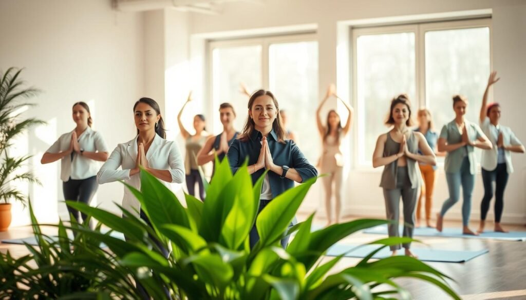 A serene and harmonious scene depicting the principle of balance in health. In the foreground, a diverse group of individuals in professional attire practice yoga in a sunlit studio, embodying harmony and wellness. Their poses symbolize balance and mindfulness, with a soft focus on their peaceful expressions. In the middle ground, lush green plants are artistically arranged, adding a sense of vitality and growth. In the background, large windows let in warm, natural light, creating a tranquil atmosphere. The overall color palette features calm greens, soft blues, and warm neutrals, fostering a sense of well-being and tranquility. The image should evoke feelings of peace, balance, and holistic health, captured in a gentle, inviting lighting setup.