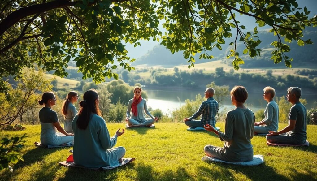 A serene and tranquil scene depicting a holistic healing approach, set in a peaceful natural environment. In the foreground, a diverse group of individuals, dressed in modest casual attire, are engaged in a circle, practicing mindfulness and meditation. The middle ground features vibrant greenery with soft, dappled sunlight filtering through the leaves, creating a warm and inviting atmosphere. In the background, gentle hills and a calm river enhance the sense of harmony and balance. The lighting is soft and diffused, suggesting early morning or late afternoon, casting soothing shadows. The overall mood is peaceful and uplifting, emphasizing the connection between body and spirit in holistic healing practices.