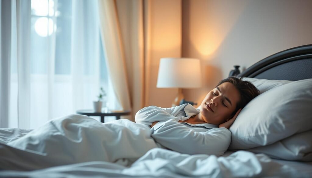 A serene bedroom scene bathed in soft, warm lighting reflecting a peaceful atmosphere. In the foreground, a person peacefully sleeping, dressed in comfortable, modest pajamas, their face relaxed and serene, showcasing a restful night. In the middle background, a bedside table with a glass of water and a small potted plant symbolizes health and vitality. A window with curtains slightly drawn allows gentle moonlight to filter in, enhancing the tranquil mood. The colors are calming, featuring soft blues and whites, creating an environment conducive to quality sleep and recovery. This scene emphasizes the importance of restorative sleep for a strong immune system, inviting viewers to imagine the rejuvenating power of a good night's rest. A serene bedroom scene bathed in soft, warm lighting reflecting a peaceful atmosphere. In the foreground, a person peacefully sleeping, dressed in comfortable, modest pajamas, their face relaxed and serene, showcasing a restful night. In the middle background, a bedside table with a glass of water and a small potted plant symbolizes health and vitality. A window with curtains slightly drawn allows gentle moonlight to filter in, enhancing the tranquil mood. The colors are calming, featuring soft blues and whites, creating an environment conducive to quality sleep and recovery. This scene emphasizes the importance of restorative sleep for a strong immune system, inviting viewers to imagine the rejuvenating power of a good night's rest.