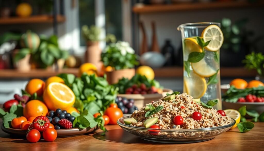 A vibrant and colorful arrangement of healthy foods that boost the immune system, featuring a bountiful spread of fresh fruits and vegetables like spinach, oranges, and berries. In the foreground, a wooden table displays a beautifully plated dish of quinoa salad, topped with avocado and seeds. The middle ground showcases a glass pitcher filled with infused water, garnished with lemon slices and mint. In the background, a softly lit kitchen setting evokes a cozy, nourishing atmosphere with plants and herbs. Natural light streams through a window, casting gentle shadows. The mood is inviting and wholesome, emphasizing the importance of a nutritious diet for enhancing immunity. The image should be clear and focused, with warm tones that create a sense of health and vitality. A vibrant and colorful arrangement of healthy foods that boost the immune system, featuring a bountiful spread of fresh fruits and vegetables like spinach, oranges, and berries. In the foreground, a wooden table displays a beautifully plated dish of quinoa salad, topped with avocado and seeds. The middle ground showcases a glass pitcher filled with infused water, garnished with lemon slices and mint. In the background, a softly lit kitchen setting evokes a cozy, nourishing atmosphere with plants and herbs. Natural light streams through a window, casting gentle shadows. The mood is inviting and wholesome, emphasizing the importance of a nutritious diet for enhancing immunity. The image should be clear and focused, with warm tones that create a sense of health and vitality.