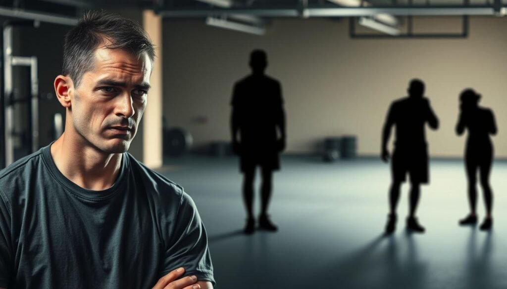 A visually engaging illustration of the three stages of overtraining syndrome. In the foreground, depict a professional athlete in modest casual clothing, appearing fatigued and introspective, with a thoughtful expression reflecting physical and mental strain. In the middle ground, show shadowy figures representing the three stages of overtraining: 1) initial fatigue, 2) declining performance, 3) emotional detachment, each in distinct poses illustrating their respective symptoms. The background features a gym environment with dim lighting, adding a somber mood, suggesting the emptiness that can accompany overtraining. Use a shallow depth of field to create a focus on the athlete while subtly blurring the background, enhancing the sense of isolation and struggle inherent in the theme. A visually engaging illustration of the three stages of overtraining syndrome. In the foreground, depict a professional athlete in modest casual clothing, appearing fatigued and introspective, with a thoughtful expression reflecting physical and mental strain. In the middle ground, show shadowy figures representing the three stages of overtraining: 1) initial fatigue, 2) declining performance, 3) emotional detachment, each in distinct poses illustrating their respective symptoms. The background features a gym environment with dim lighting, adding a somber mood, suggesting the emptiness that can accompany overtraining. Use a shallow depth of field to create a focus on the athlete while subtly blurring the background, enhancing the sense of isolation and struggle inherent in the theme.