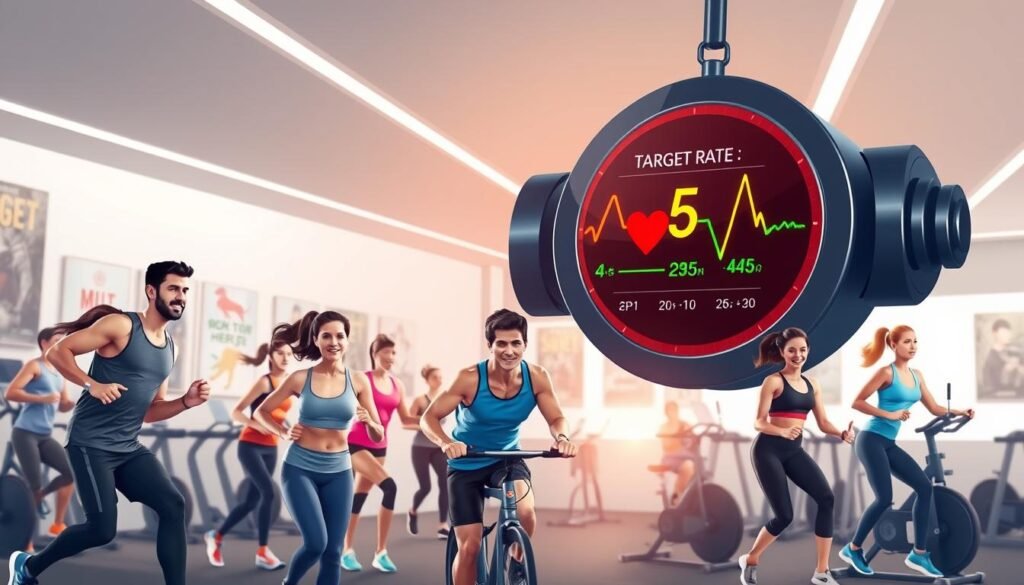 A visually informative illustration depicting the concept of target heart rate in exercise. In the foreground, a diverse group of individuals (men and women) of various ethnicities, dressed in professional athletic wear, are engaging in different forms of exercise like running, cycling, and strength training in a well-lit gym environment. The middle ground features a large digital heart rate monitor displaying various target heart rates and zones in vibrant colors. In the background, there is a sleek gym interior with exercise equipment, motivational posters, and soft fluorescent lighting creating an energetic and motivating atmosphere. The overall mood is dynamic and inspiring, reflecting a practical guide to optimizing fat burning through understanding heart rate zones. A visually informative illustration depicting the concept of target heart rate in exercise. In the foreground, a diverse group of individuals (men and women) of various ethnicities, dressed in professional athletic wear, are engaging in different forms of exercise like running, cycling, and strength training in a well-lit gym environment. The middle ground features a large digital heart rate monitor displaying various target heart rates and zones in vibrant colors. In the background, there is a sleek gym interior with exercise equipment, motivational posters, and soft fluorescent lighting creating an energetic and motivating atmosphere. The overall mood is dynamic and inspiring, reflecting a practical guide to optimizing fat burning through understanding heart rate zones.