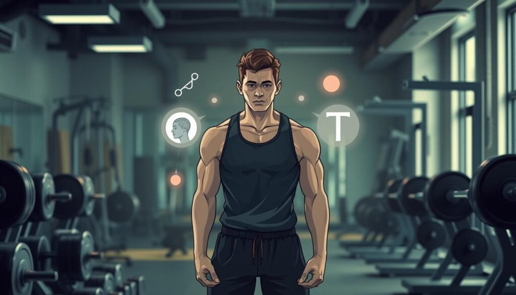 A visually striking representation of "hormonal overtraining syndrome" focusing on the connection between stress hormones and reduced libido. In the foreground, depict a stress-inducing gym environment with weights and exercise equipment, subtly suggesting overtraining. In the middle ground, illustrate a human figure in professional athletic attire, looking fatigued and concerned, with facial expressions that capture emotional strain. Surround the figure with ethereal representations of hormones like cortisol and testosterone as floating symbols or glowing orbs, indicating their impact on the body. In the background, employ soft, diffused lighting to create a serene but somber atmosphere, conveying the mental and physical toll of overtraining. Use a slightly elevated angle to capture the environment, enhancing depth while ensuring clarity of all elements. A visually striking representation of "hormonal overtraining syndrome" focusing on the connection between stress hormones and reduced libido. In the foreground, depict a stress-inducing gym environment with weights and exercise equipment, subtly suggesting overtraining. In the middle ground, illustrate a human figure in professional athletic attire, looking fatigued and concerned, with facial expressions that capture emotional strain. Surround the figure with ethereal representations of hormones like cortisol and testosterone as floating symbols or glowing orbs, indicating their impact on the body. In the background, employ soft, diffused lighting to create a serene but somber atmosphere, conveying the mental and physical toll of overtraining. Use a slightly elevated angle to capture the environment, enhancing depth while ensuring clarity of all elements.