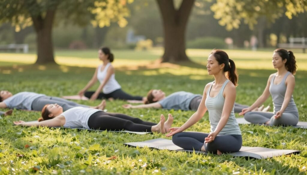 A serene low-impact workout scene in a peaceful outdoor setting, showcasing a diverse group of individuals practicing gentle yoga on lush, green grass, surrounded by nature. The foreground features a calm female instructor guiding her students through deep breathing exercises, all dressed in comfortable, modest activewear. In the middle of the scene, various participants are engaging in tranquil stretches, their focused expressions reflecting mindfulness and relaxation. The background includes soft sunlight filtering through tall trees, casting gentle shadows, and creating a soothing atmosphere. The overall mood is serene and uplifting, emphasizing health and mental clarity, captured with a warm color palette and soft focus to enhance tranquility. A serene low-impact workout scene in a peaceful outdoor setting, showcasing a diverse group of individuals practicing gentle yoga on lush, green grass, surrounded by nature. The foreground features a calm female instructor guiding her students through deep breathing exercises, all dressed in comfortable, modest activewear. In the middle of the scene, various participants are engaging in tranquil stretches, their focused expressions reflecting mindfulness and relaxation. The background includes soft sunlight filtering through tall trees, casting gentle shadows, and creating a soothing atmosphere. The overall mood is serene and uplifting, emphasizing health and mental clarity, captured with a warm color palette and soft focus to enhance tranquility.