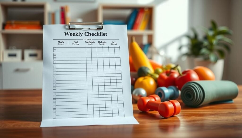 A sleek and organized weekly checklist for tracking healthy eating and exercise, prominently displayed on a wooden desk. In the foreground, a detailed checklist with neatly outlined sections for meals, workouts, and hydration. The middle ground features colorful fruits and vegetables, along with small workout equipment like dumbbells and a yoga mat, symbolizing a balanced lifestyle. The background includes a soft-focus shelf with health-related books and a potted plant, adding a touch of nature. The lighting is bright and inviting, creating a positive and motivational atmosphere. The image conveys a sense of professionalism and dedication to health, suitable for an article on evaluating healthy lifestyle habits.